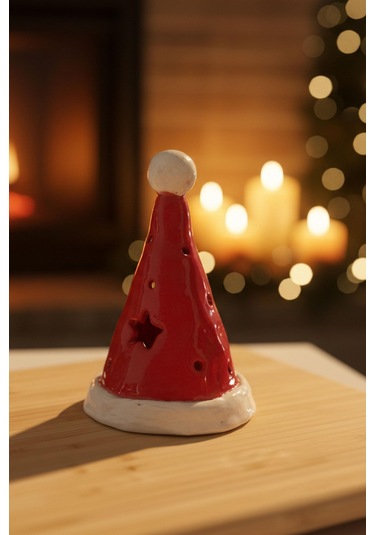 Noel Şapka Seramik Mumluk- Orta Çok Renkli