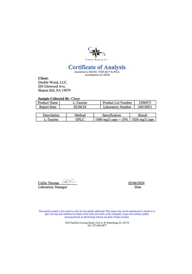 Double Wood Taurine 1000mg Per Serving, 180 Capsul.from The A...
