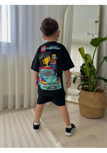 Miniko Kids Erkek Çocuk Legoo Modelli Baskılı Şortlu Pamuk Takım Siyah