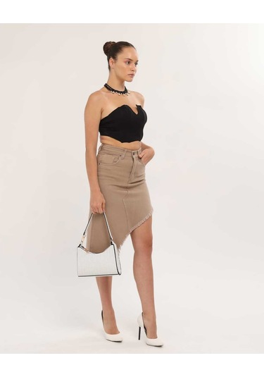 Shevega Kadın Krem Etek Püskül Asimetrik Kesim Keten Etek Krem