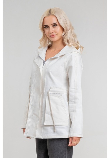 Kadın Power Likralı Pamuklu Kumaş Kapişonlu Fermuarlı Kordonlu Pis Dikişli Mont Ekru