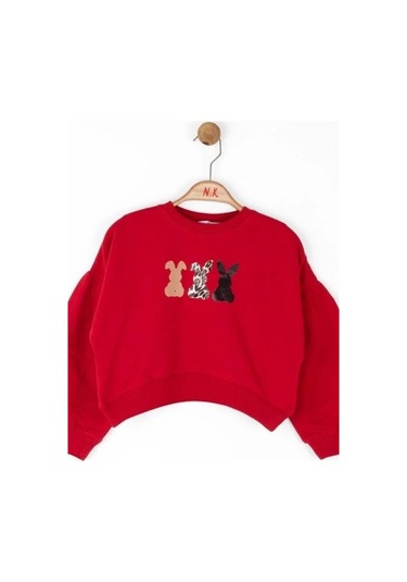 Kız Çocuk Pamuklu Orta Kalınlık Tavşan Baskılı Sweatshirt-14716 Kırmızı
