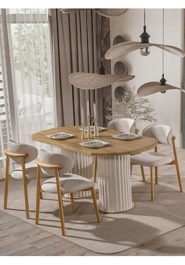 Horizon İskandinav Oval Natural Ahşap Bohem Masa 80x190 Krem