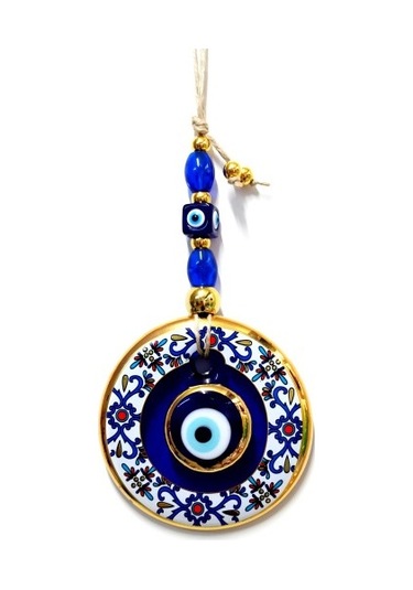 Çini Desenli Nazar Boncuklu Duvar Süsü, Cam El İşçiliği Hediyelik Eşya Altın Yaldızlı Nazar Boncuğu