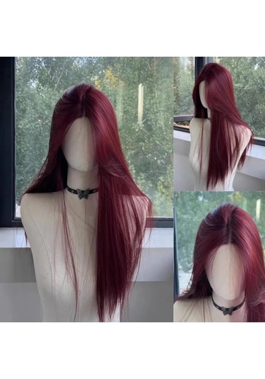 Kırmızı Peruk Uzun Düz Dantel Ön Peruk Kadın İçin Doğa Sentetik Diğer