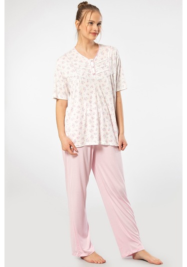 Türen 3369 Kadın Büyük Beden Kısa Kollu Pijama Takım-pembe Pembe