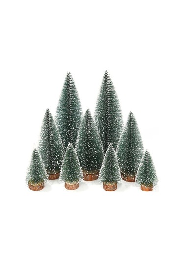 Yeni Yıl Dekoru Kar Efektli 9 Adet Yılbaşı Mini Çam Ağaçları Seti Doğal Ahşap Tabanlı 8 - 12 - 15 Cm Çok Renkli