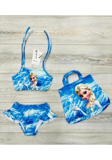 Kız Çocuk 3 Parça Çantalı Bikini 0127 Mavi
