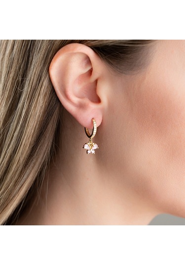 Vaoov 925 Ayar Gümüş Pembe Taşlı Sallantılı Kelebek Küpe Altın