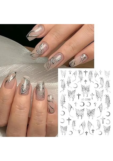 Siyah Beyaz Gümüş Haç Yıldız Ay Kelebekler Tırnak Sanatı Çıkartmaları Folyo B