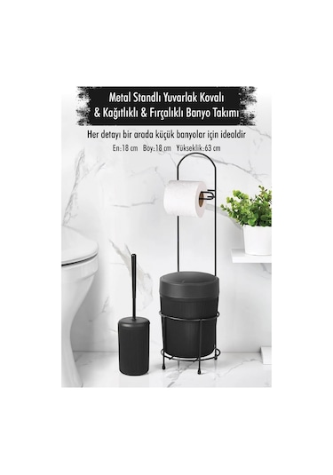 Metal Standlı Yuvarlak Kovalı & Kağıtlıklı & Fırçalıklı Siyah Banyo Takımı