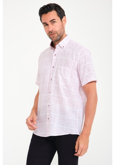 Erkek Klasik Kısa Kol Büyük Kare Flam Keten Düğmeli Yaka Hediye K Beyaz