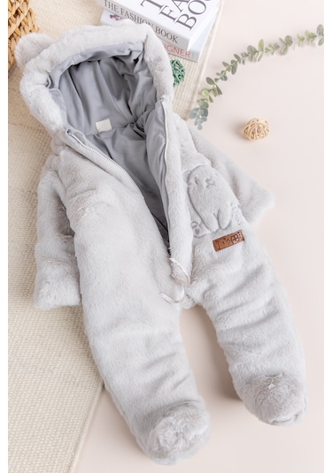 Premium Kalite Peluş Pamuk Penye Astarlı Ayıcık Fiğürlü Kışlık Kız-erkek Bebek Tulum Bej