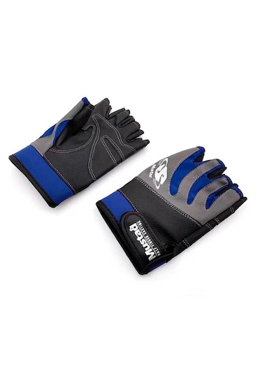 Mustad XL Beden Half Finger Casting Balıkçı Eldiveni Mavi - Siyah