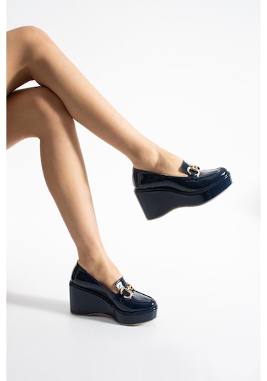 Zenne Shoes Dolgu Topuklu Tokalı Kadın Ayakkabı Lacivert