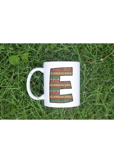 E Harfi Etnik Desenli Kupa - Afrika Tarzı Kahve Çay Kupası - Hediyelik - Black History Beyaz