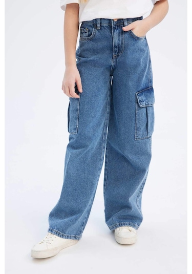 DeFacto Kız Çocuk Wide Leg Kargo Geniş Bol Paça Pamuklu Jean Pantolon D7091A825SMNM28 Mavi