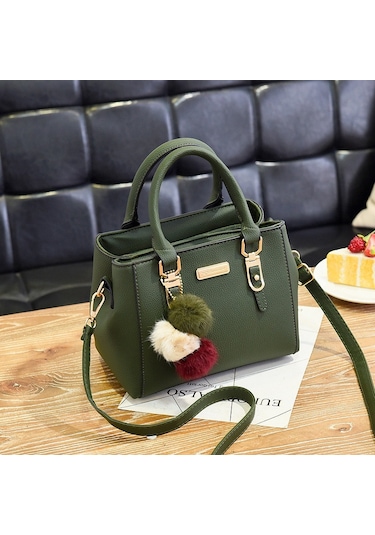 Kadınlar İçin Şık Küçük Çanta, Düz Renk Çapraz Çanta, Ponpon Topu Kolye İle Zarif Üst Sap Siyah