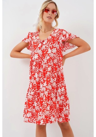 2352 V Yaka Kısa Elbise - Kırmızı Kırmızı