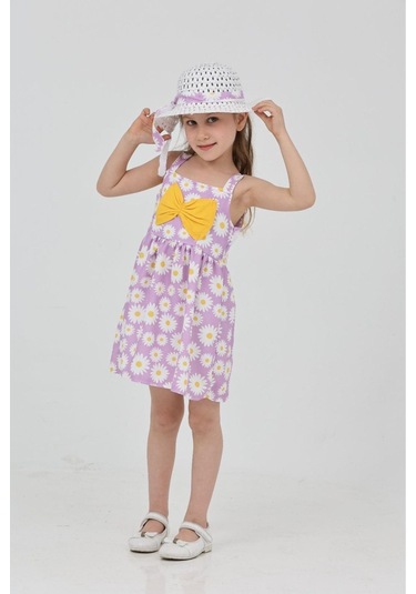 Papatya Baskılı Askılı Şapkalı Elbise Lila
