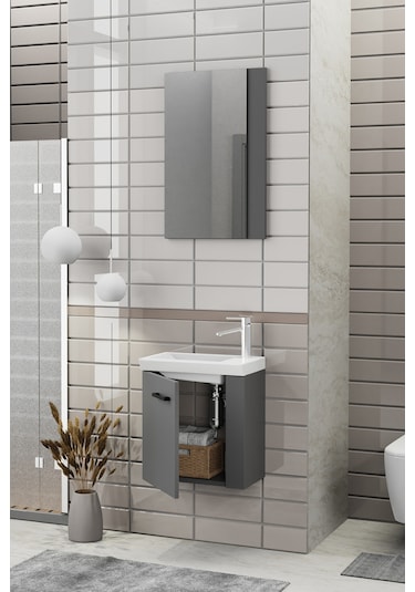 Biani Minila 45 cm Banyo Dolabı,Seramik Lavabolu, Aynalı,Lavabo Dahil,Mdf,Mat Gri Biani Minila 45 cm Banyo Dolabı,Seramik Lavabolu, Aynalı,Lavabo Dahil,Mdf,Mat Gri