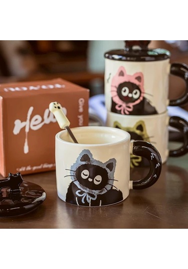 Tenfowee Kedi Desenli Seramik Bardak - Gri Renk 370ml - Dayanıklı Kahve/çay Bardağı - Ev/ofis Kullanıma Uygun Gri