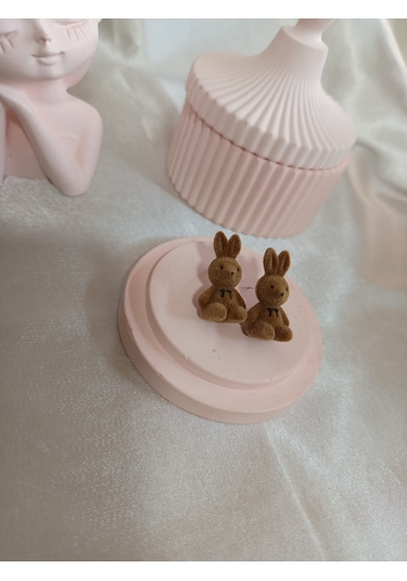 Koyu Kahverengi Peluş Tavşanlı Küpe