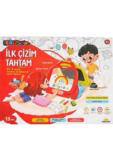 3in1 İlk Çizim Tahtam Kara, Beyaz Ve Şeffaf Tahta Seti, Kalemli & Tebeşirli Çocuk Çizim Oyuncağı