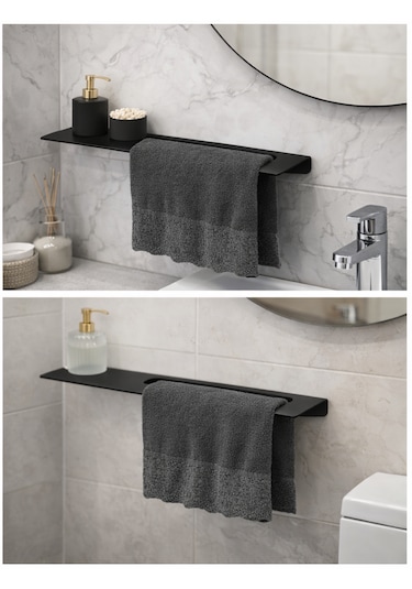 Raflı Siyah Metal Havluluk Modern Banyo Havlu Askısı Siyah