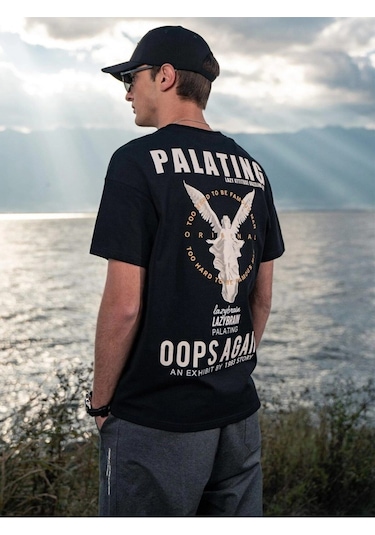 Erkek Siyah Oversize Palating Baskılı T-shirt Siyah-68156