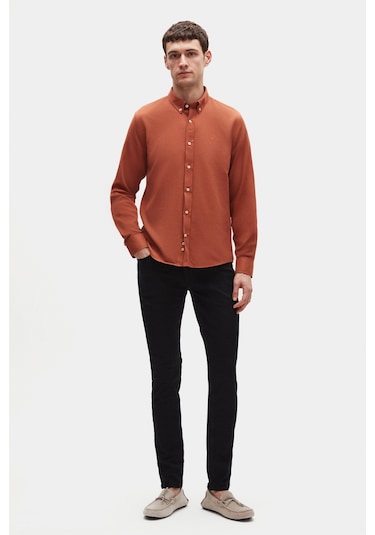 Ds Damat Slim Fit Tarçın Oxford Düğmeli Yaka Kolay Ütülenebilir Nakış Detaylı Pamuklu Gömlek 4hc02ort03265 T30