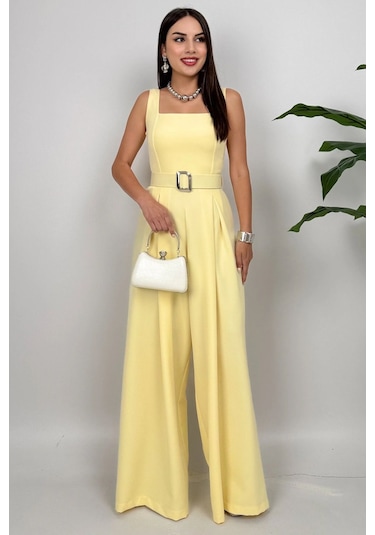 Noir Flow Kadın Sarı Kemerli Askılı Bol Paça Tulum Zarif Şıklık Sarı