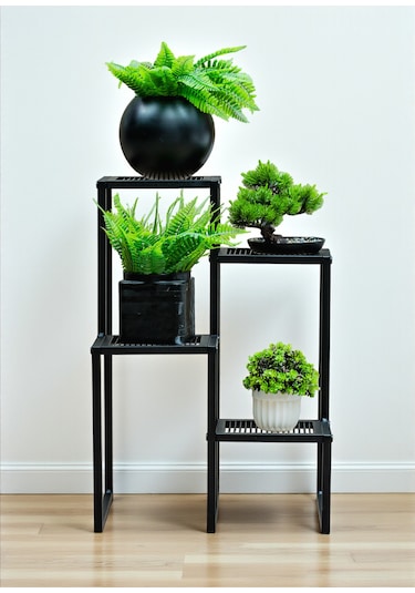 Dekoratif Metal 4 Raflı Saksılık Katlı Dikey Saksı Standı Çiçeklik Bahçe Ve Balkon Dekoru Garden Siyah