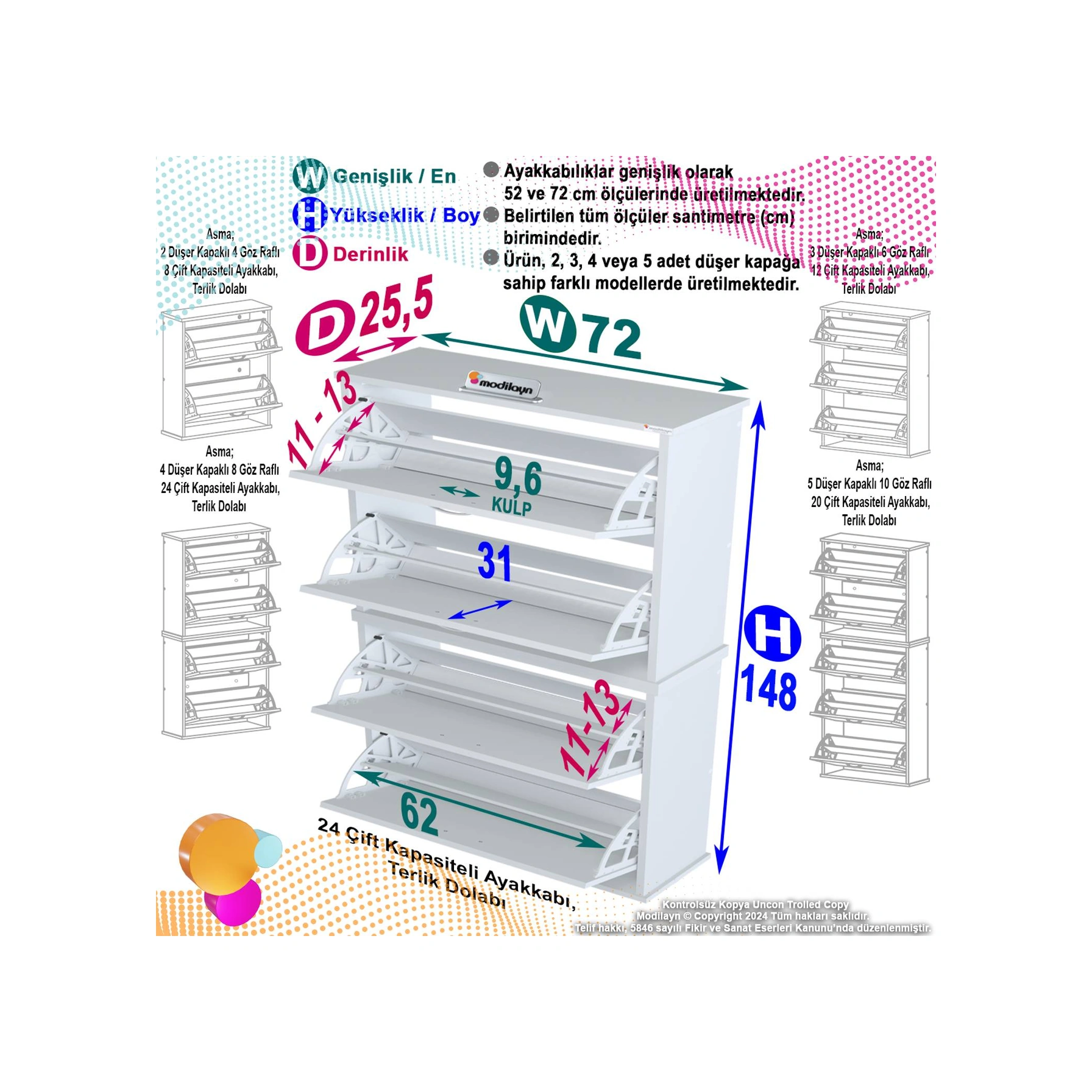 Asaf Beyaz Asma Ayakkabılık Antre Hol 4 Düşer Kapak 8 Göz Bölmeli Ayakkabılık 72x148x25,5 Cm Beyaz