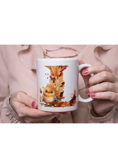 L Harf Sonbahar Yaprak Temalı Kupa Bardak - Sevimli Figürler İle Alfabe Harfli Bardak - Kişiye Özel Beyaz