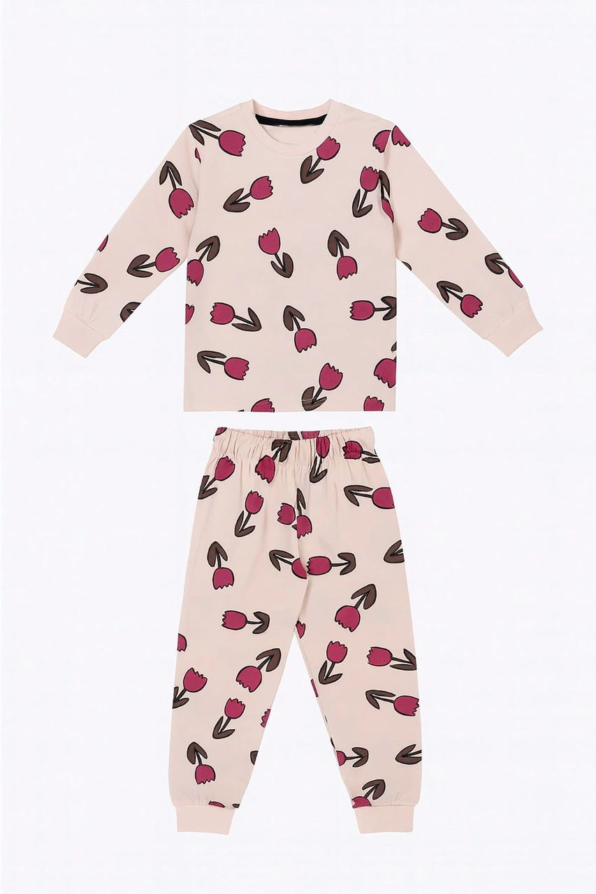 Lale Desenli Kız Çocuk Pijama Takımı Bej
