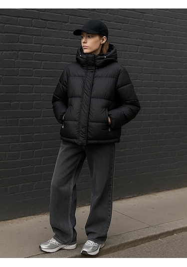 Kapüşonlu Fermuarlı Şişme Siyah Mont Siyah