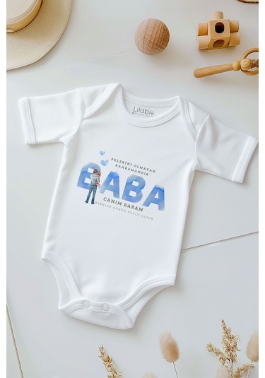 Lilabio %100 Pamuk Babalar Günü Bebek Body Zıbın Beyaz
