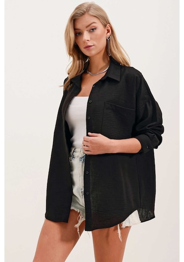 Giyim Dünyası Kadın Tek Cepli Oversize Gömlek Siyah 001