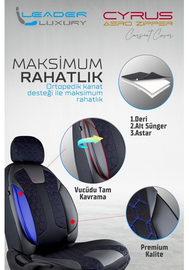 Peugeot 306 Uyumlu Deri Detaylı Oto Koltuk Kılıfı Ön Arka Takım Cyrus Siyah Mavi