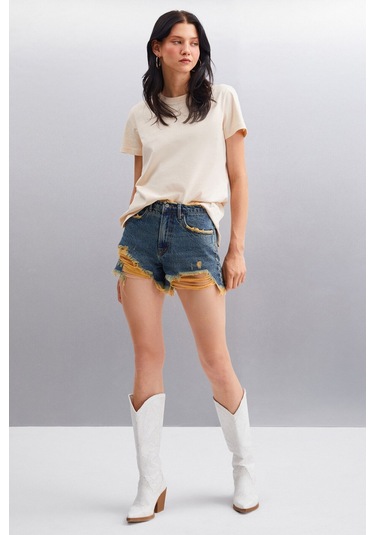 GRIMELANGE Samantha Kadın %100 Organik Pamuklu Comfort Fit Arkası Uzun Basic Örme Bej T-shirt Bej