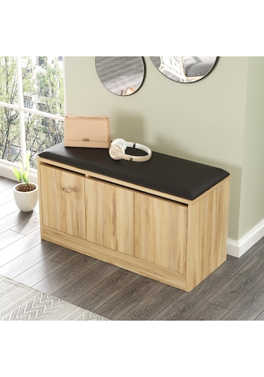 Robin Home Comfort Puflu Minderli Oturaklı Ayakkabılık 3 Kapaklı Kahverengi