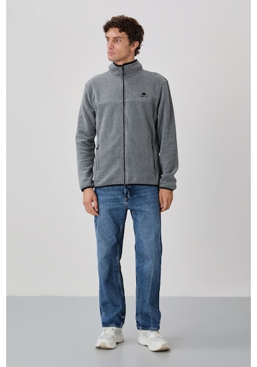 Tommy Life Gri Melanj Yazı Nakışlı Dik Yaka Fermuarlı Standart Kalıp Erkek Sweatshirt Polar - 87992 GRİ MELANJ