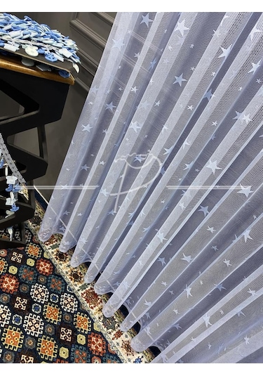 Tül Perde Çocuk Odası Irili Ufaklı Yıldız Desen Örme Kumaş Ekru