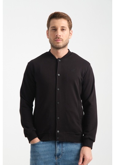 Shooter Sportswear Erkek Sweatshirt Düğmeli Ekru Standart Kalıp Siyah