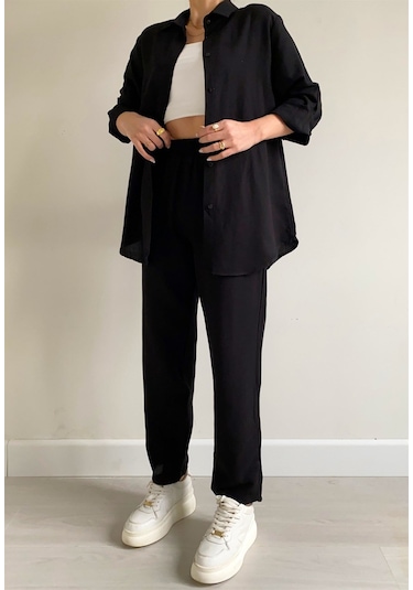 Barbora Keten Günlük İkili Takım Elbise Pantolon Gömlek Ln21siyah5 001