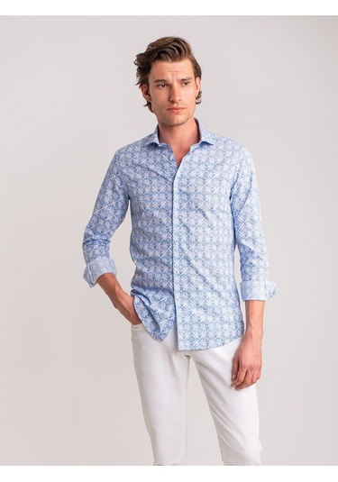 Dufy Mavi Erkek Slim Fit Paul Yaka Uzun Kol Gömlek - 60637 Mavi