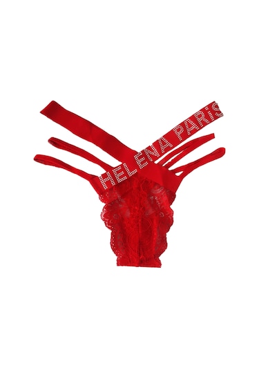Hepsine Rakip Kadın Kırmızı Önü Dantel Çapraz İpli Taşlı String Tanga 001