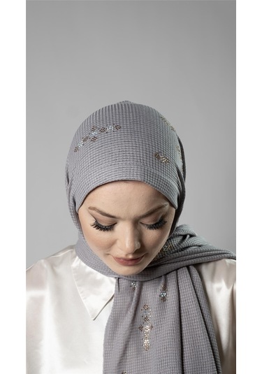 Gri Pratik Hazır Geçmeli Tesettür Şal Örme Kumaş Taşlı Çiçek Desenli 2118c 15