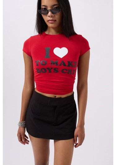 Nakış Detay Baskılı Crop T-shirt Antrasit Melanj